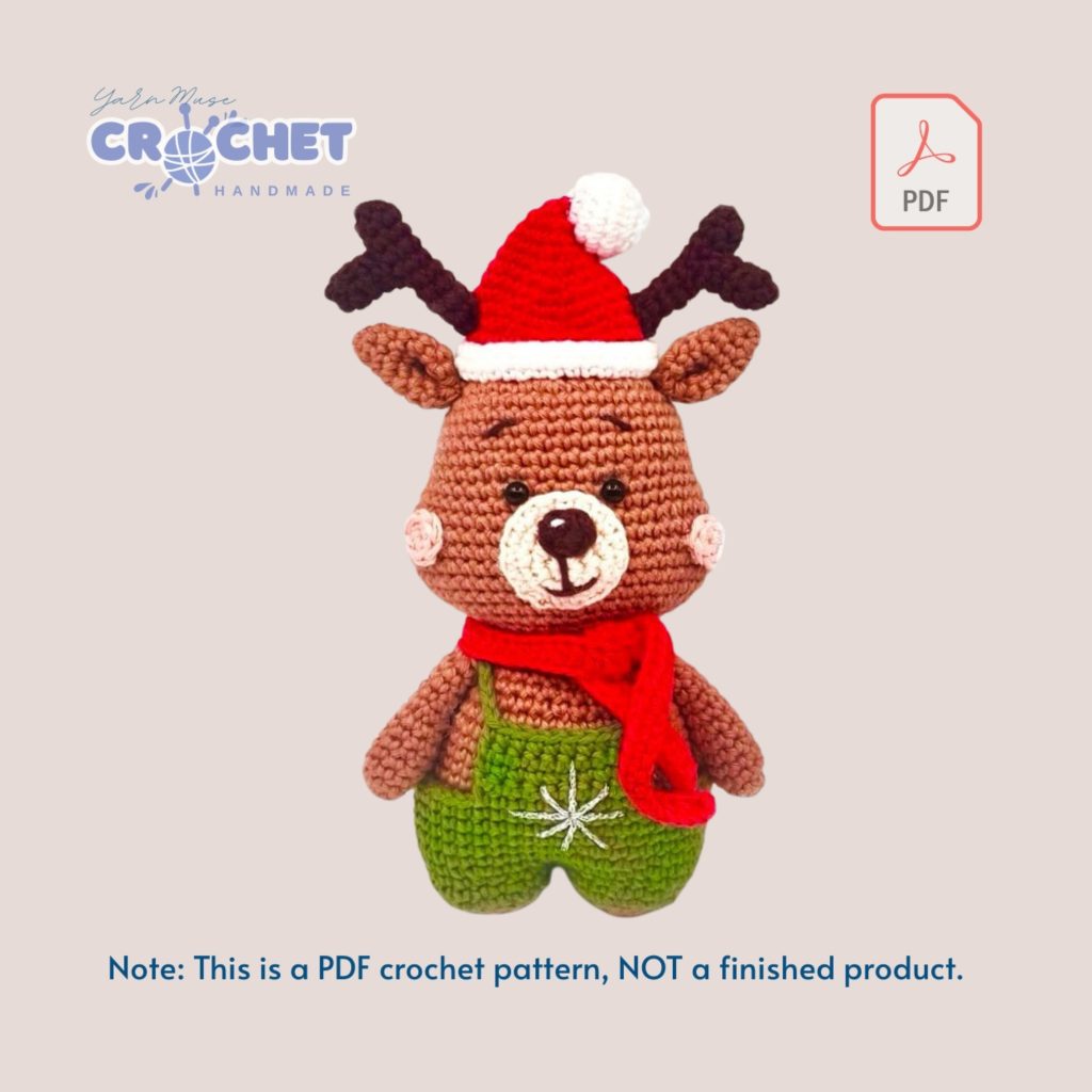 MQ-063-Crochet Deer Pattern with Green Overalls and Santa Hat PDF Tutorial