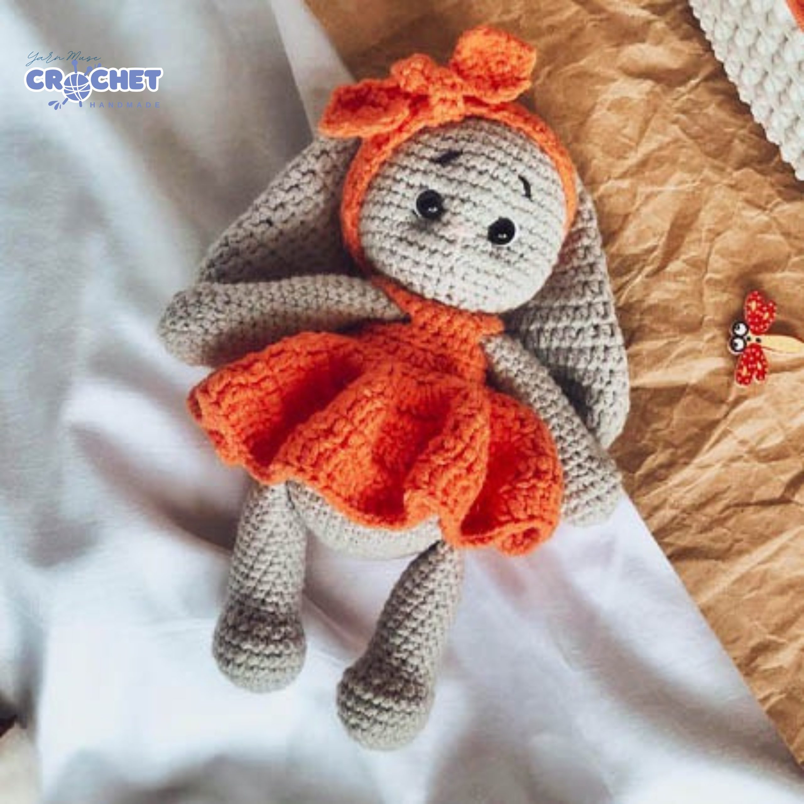 MQ-078-Lucia Bunny Doll in Orange Dress Crochet Pattern PDF for Beginners